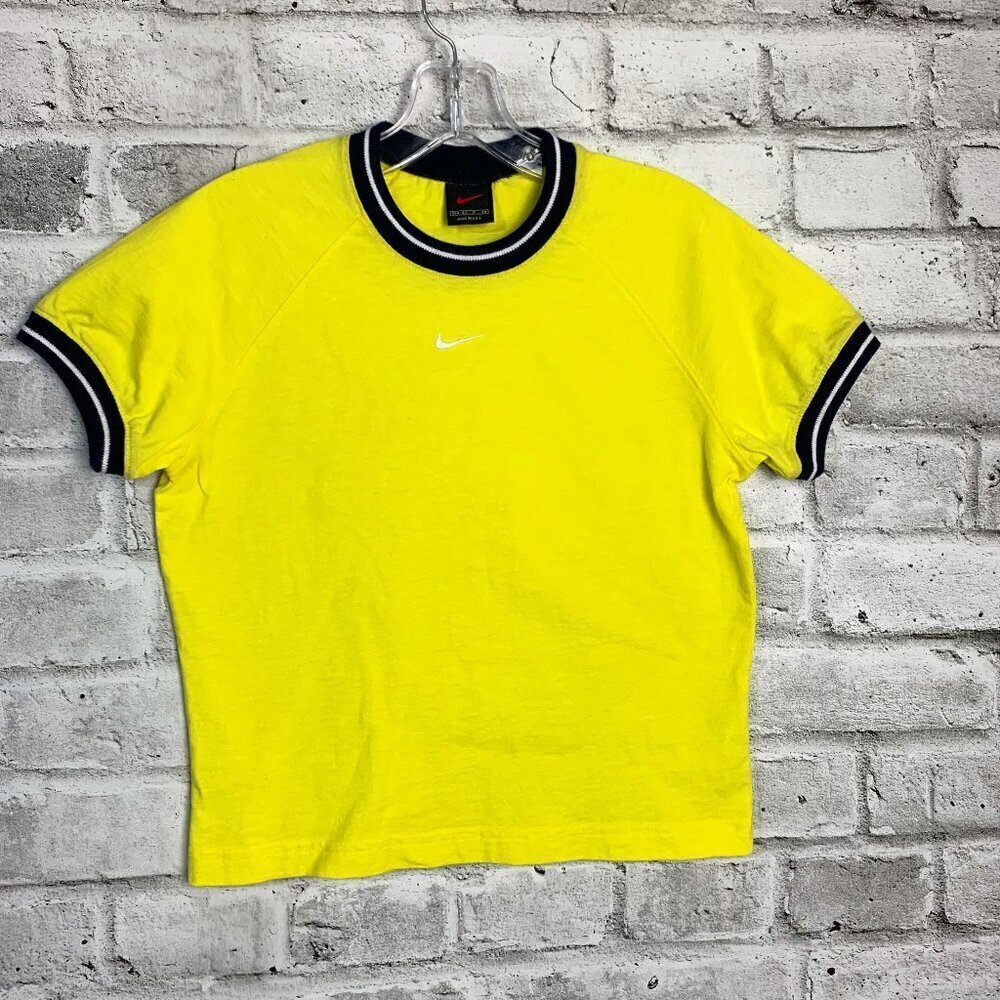 Nike Vintage 90s Centre Swoosh Yellow Short Sleeve Crewneck Cropped Tee T-Shirt
